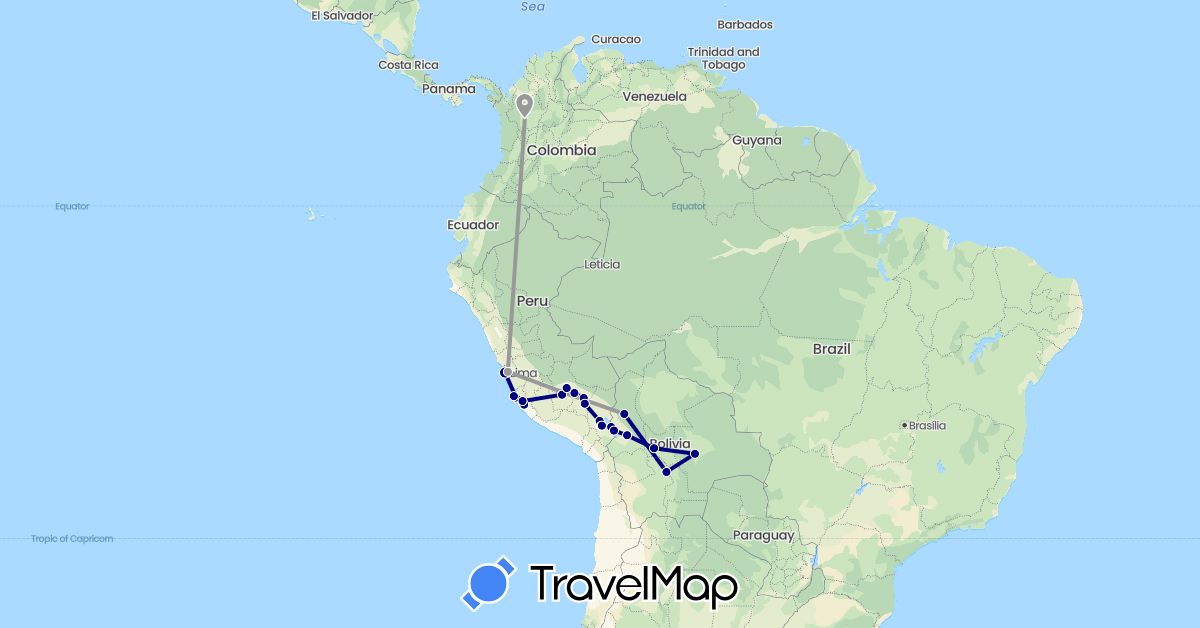 TravelMap itinerary: driving, plane in Bolivia, Colombia, Peru (South America)